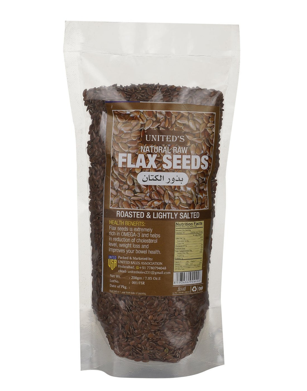 United's Natural & 100 % Organic Roasted Flax Seeds with Omega 3,6,9 Gluten Free| 200gm|